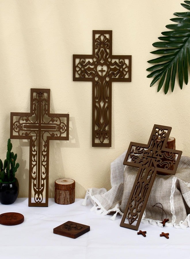 Bnesi 3 Pcs Wooden Cross Wall Art - Brown Carved Pattern Religious Crosses for Living Room, Church, Wedding, Office, Hospital - Image 4